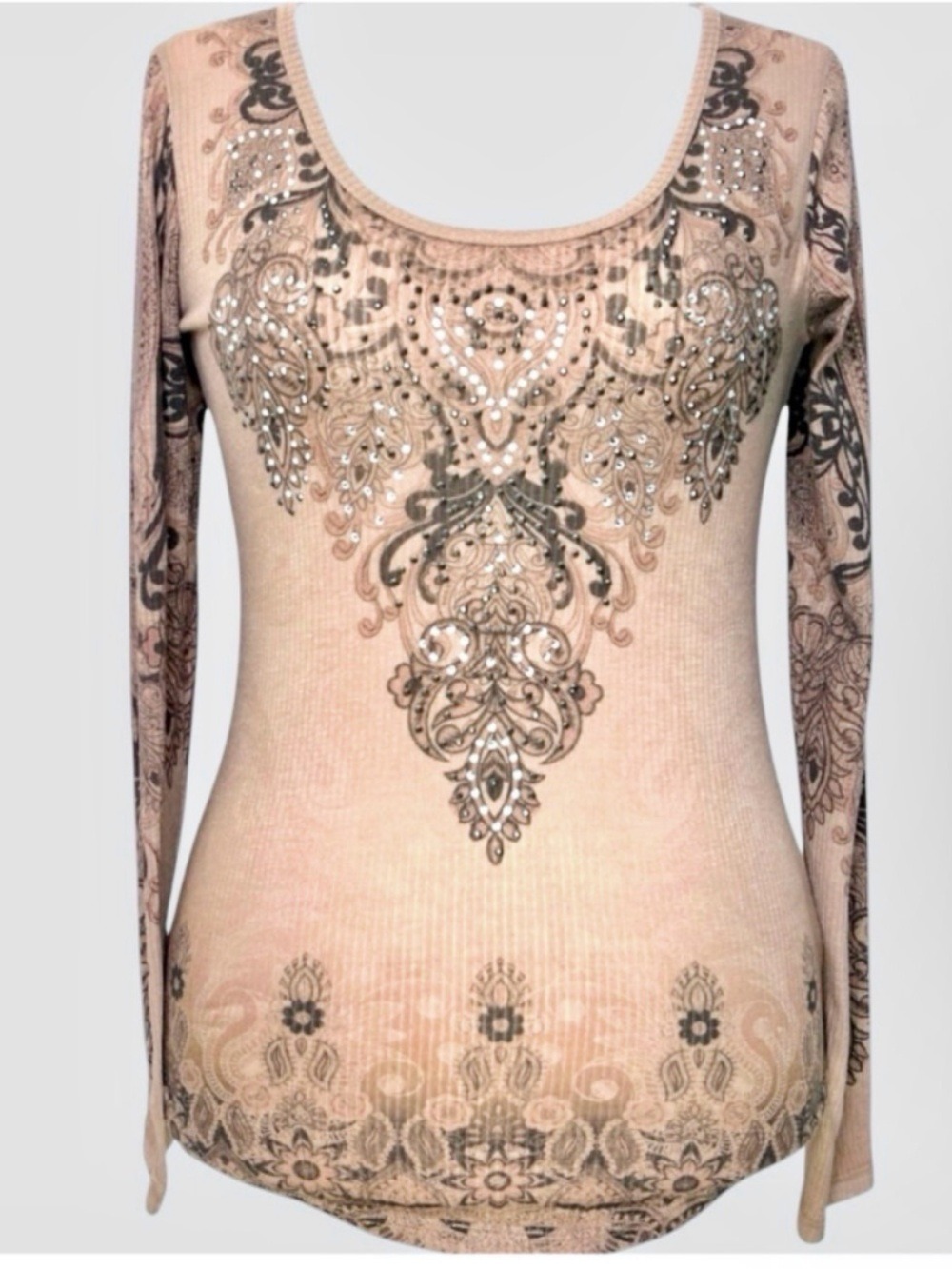 Vocal Rhinestone Angel Wings Long Sleeve Top M Tan Ribbed Y2K Mall Goth Biker